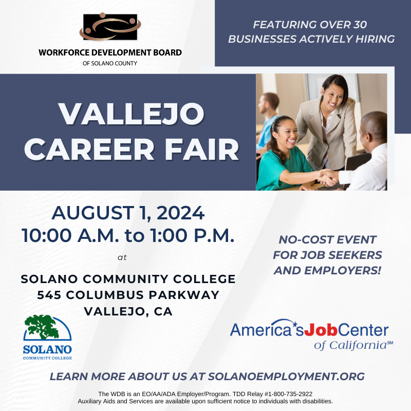 Vallejo Career Fair August 1st at Solano College Vallejo Campus